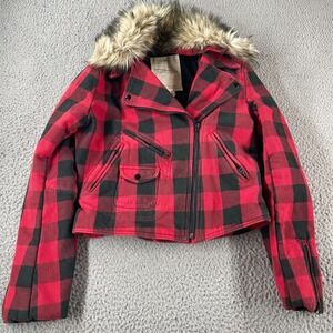 Denim & Supply Ralph Lauren Womens Vintage Full Zip Faux Fur Plaid Medium Jacket